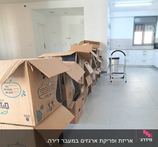קופסאות קרטון פתוחות ומדרגה מתקפלת במטבח מודרני
